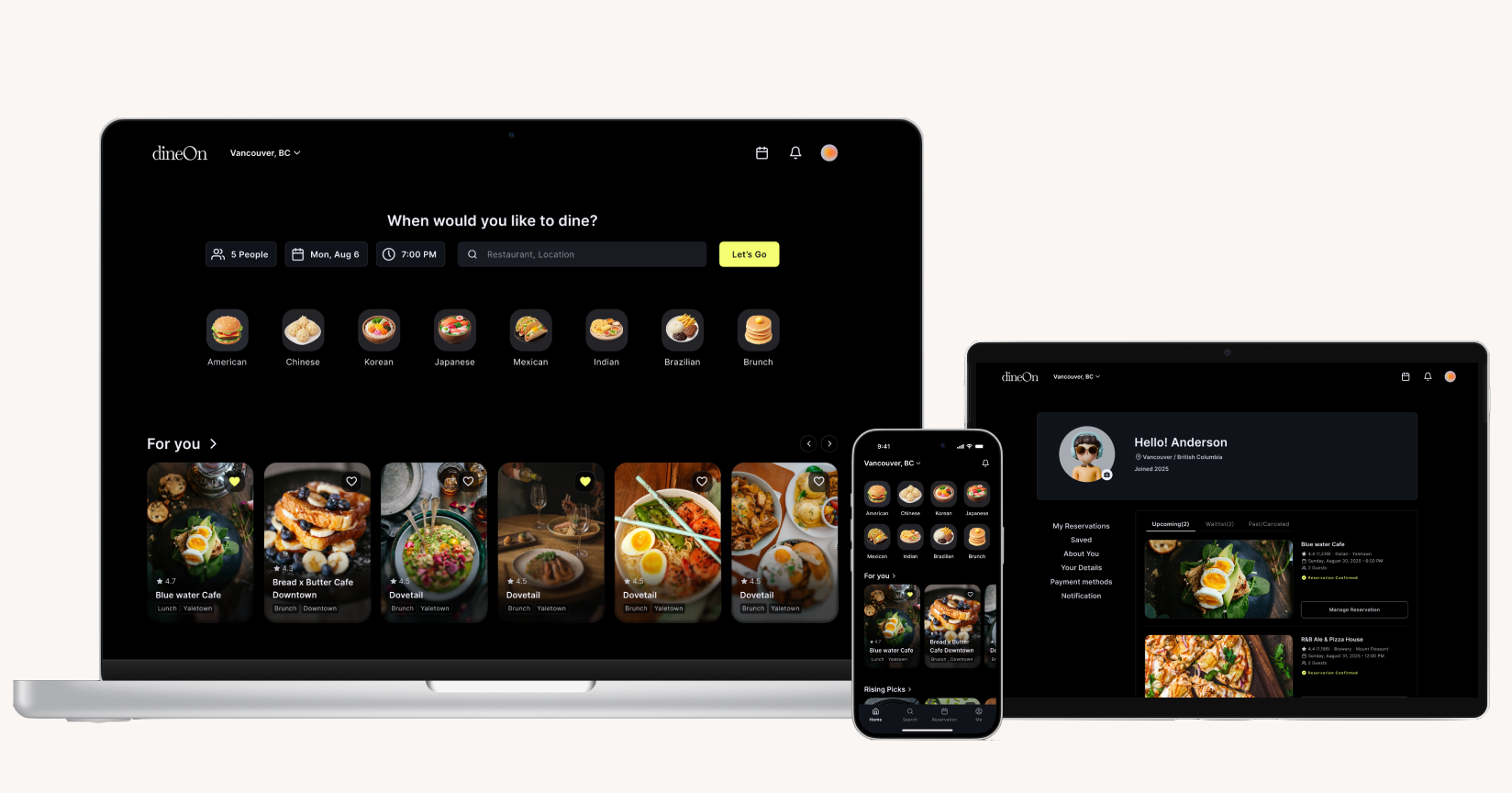 dineOn homepage across desktop, tablet, and mobile