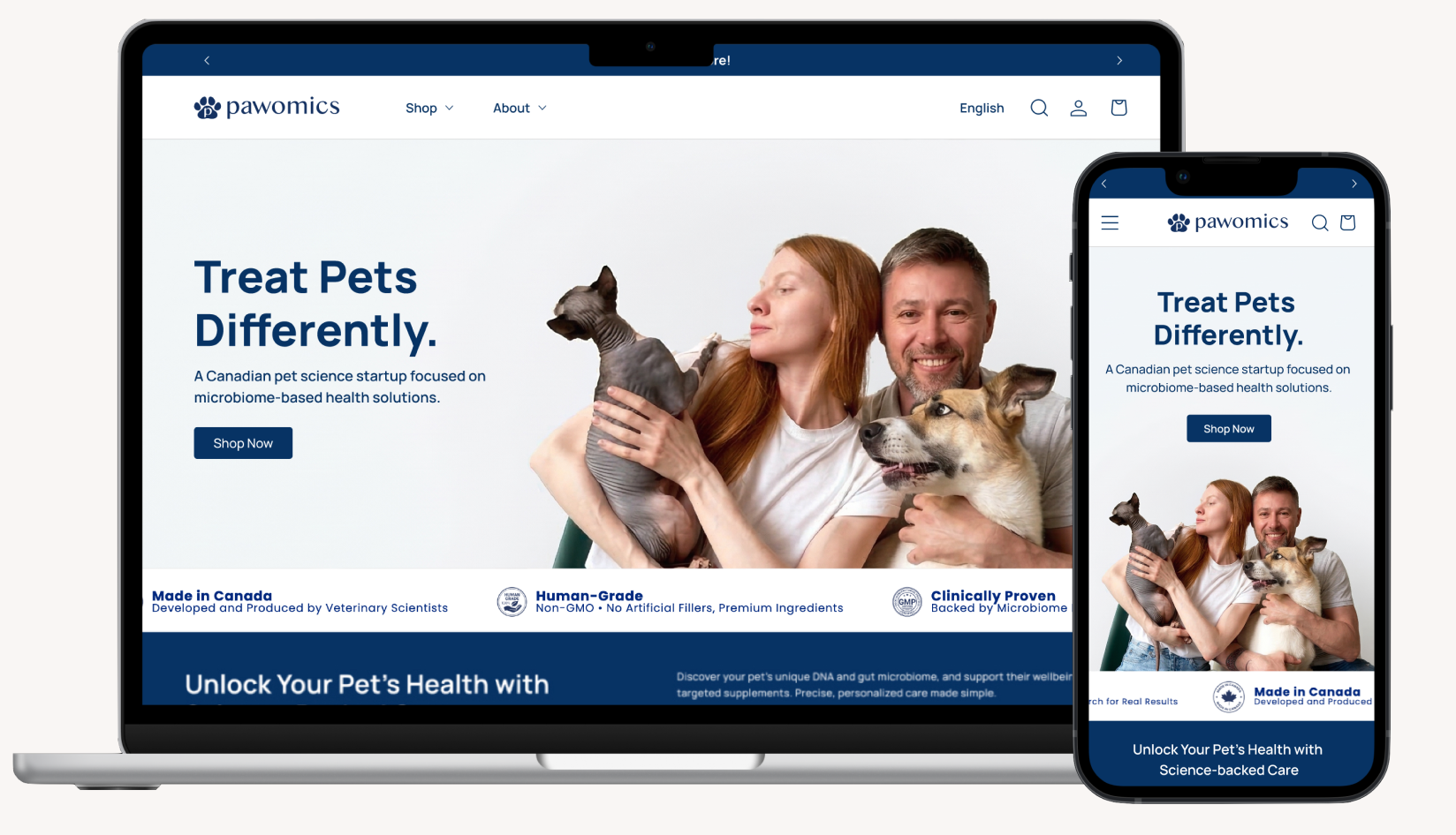 Pawomics homepage redesign, desktop and mobile