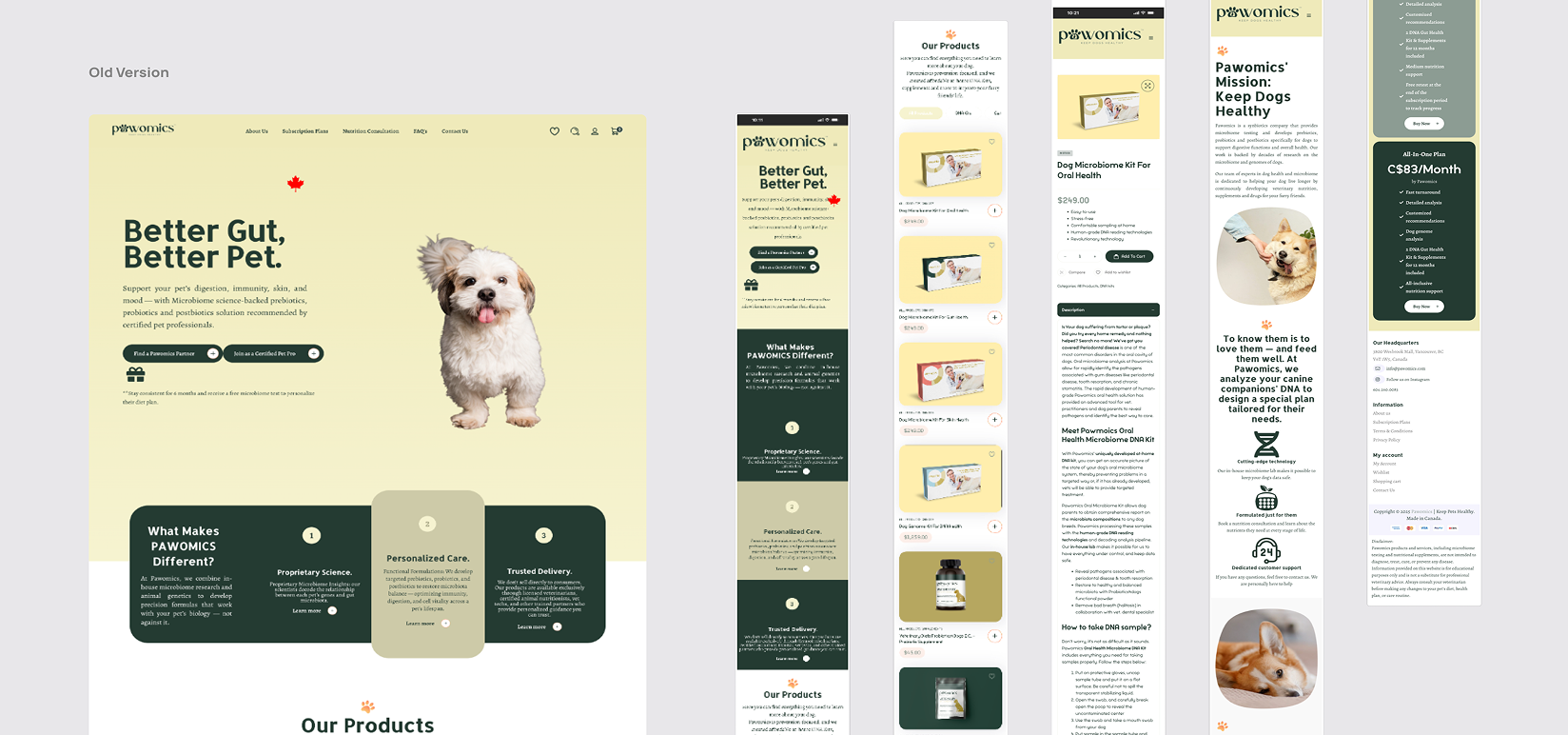 Old Pawomics website — desktop and mobile reference across pages
