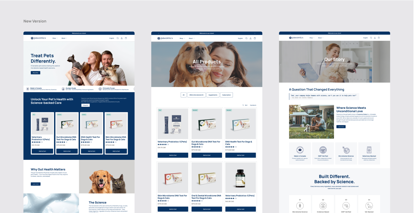 Key page design — homepage, product listing, and brand story pages