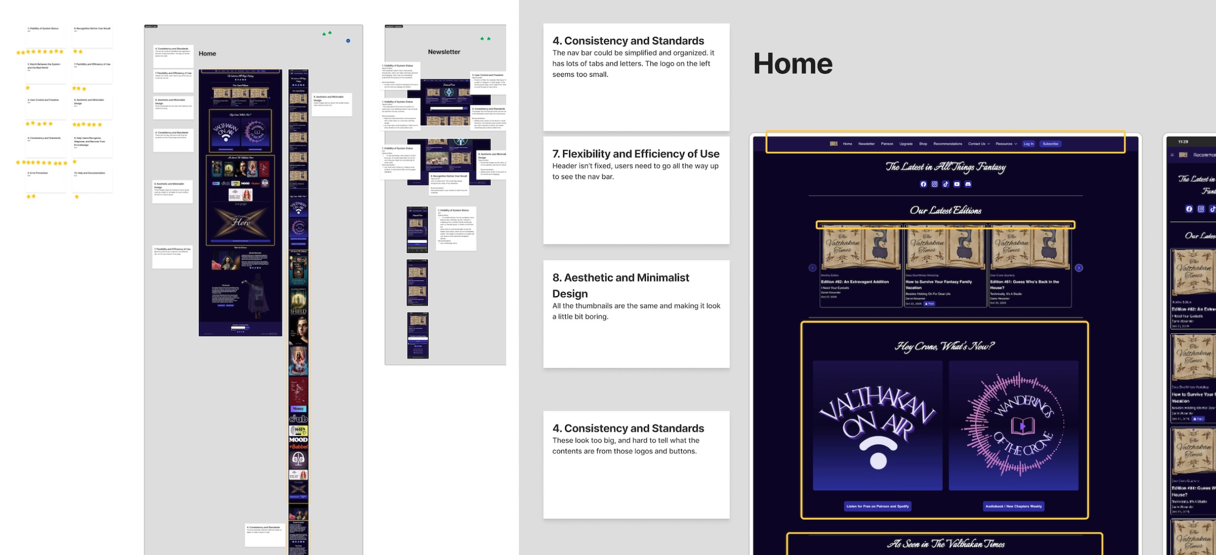 Heuristic evaluation board with annotated homepage feedback
