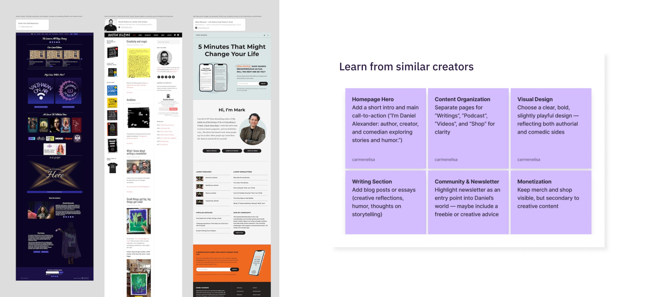 Competitor analysis screenshots of similar creator websites