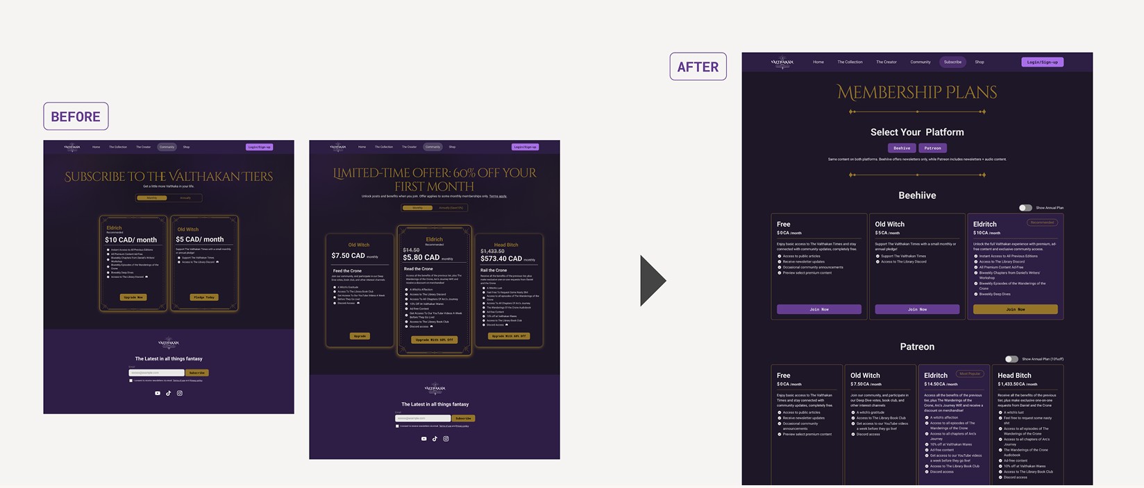 Solution 2 — Unified membership plans comparison page, before and after