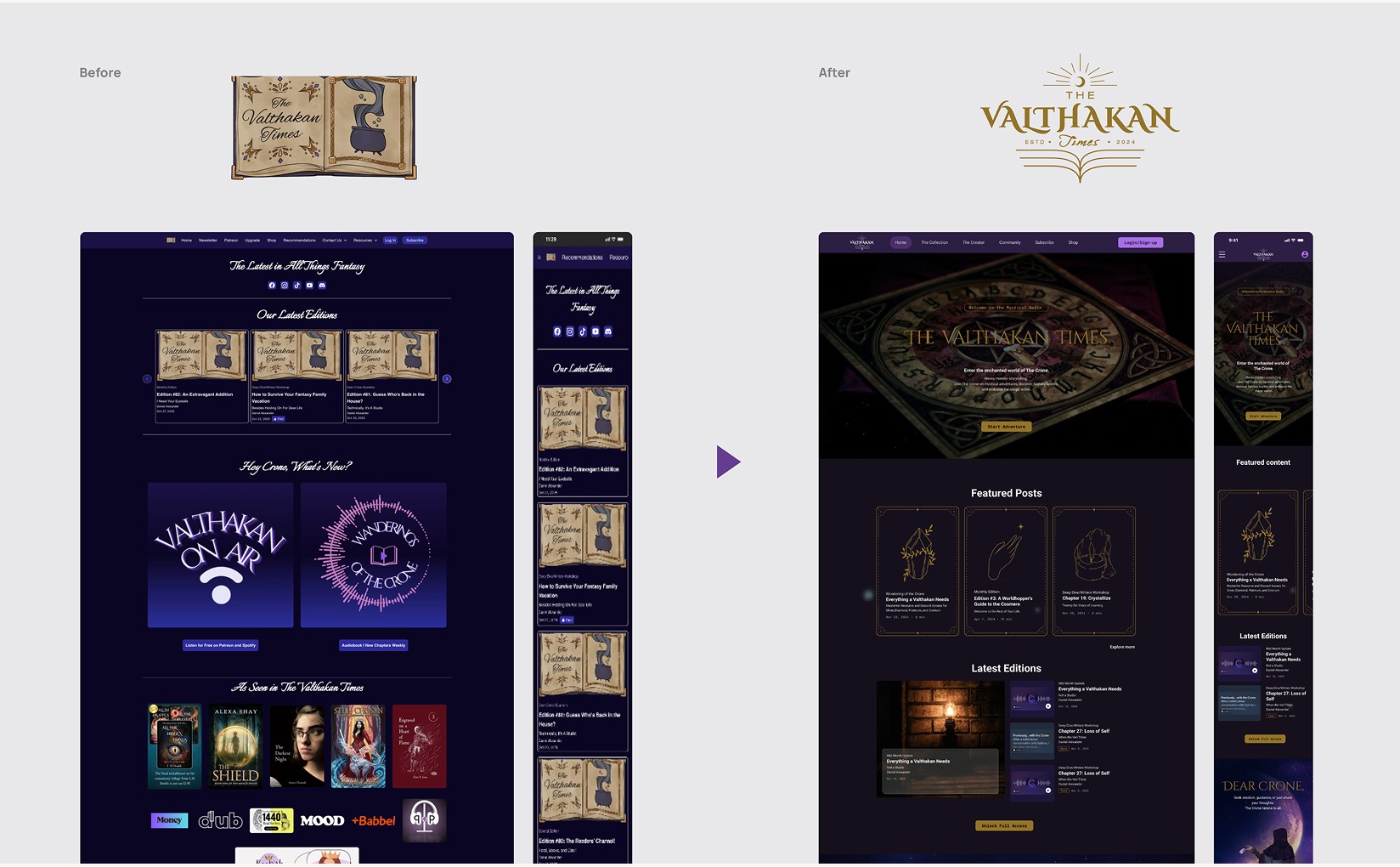 Outcome summary — homepage and logo redesign, before and after